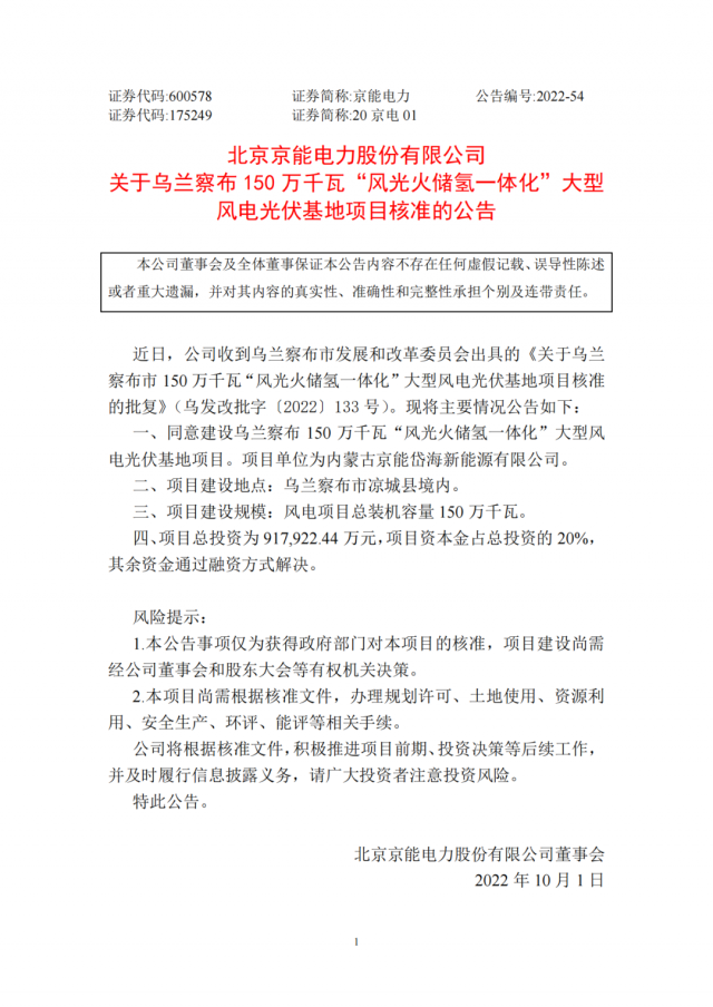 京能電力150萬(wàn)千瓦“風(fēng)光火儲(chǔ)氫”基地獲批！