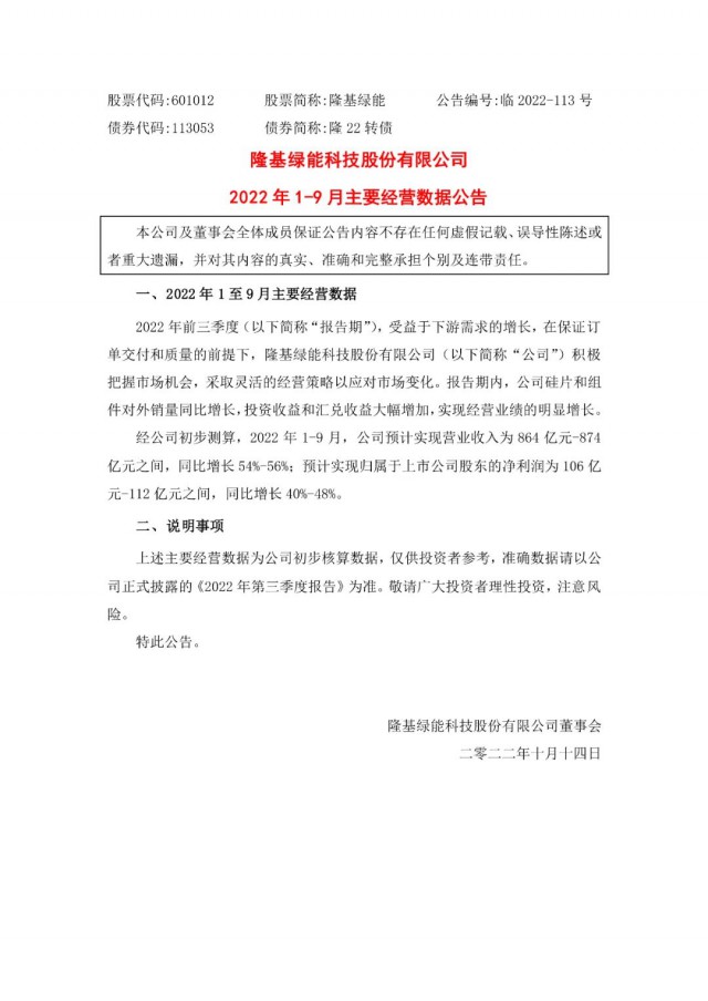 隆基綠能：營(yíng)收或超864億，預(yù)計(jì)前三季凈利或在106億元-112億元之間